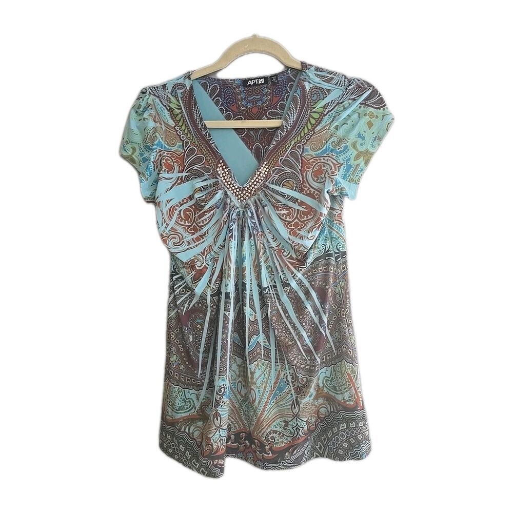 Apt 9 Blue Paisley‎ V-Neck Embellished Festival Short Sleeve Top Womans Size Pm